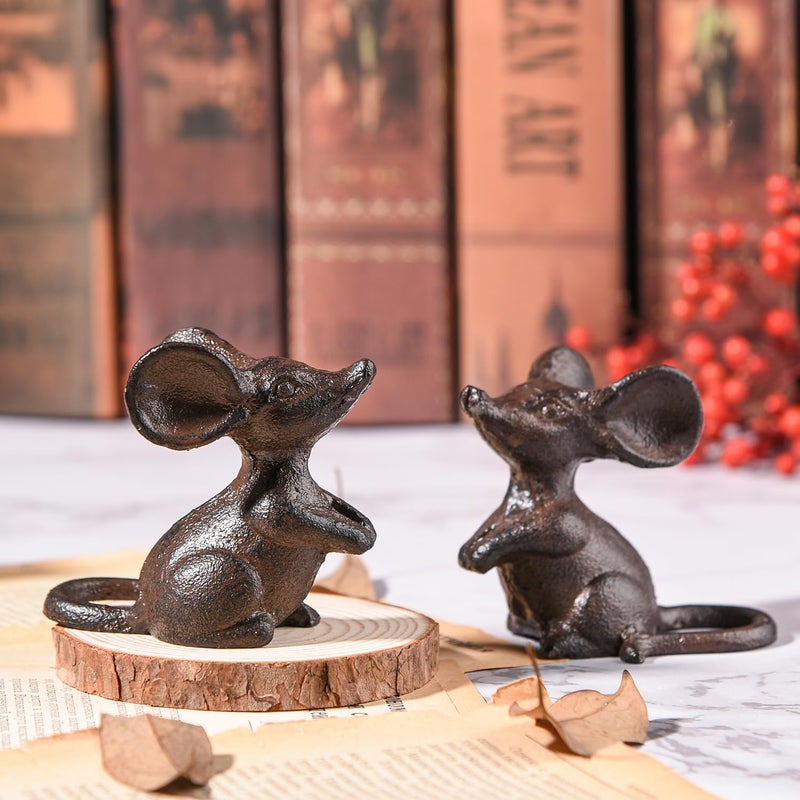 Sungmor Cast Iron Little Cute Mouse Ornament - Decorative & Lovely Figurine Indoor Outdoor Statues - Interesting Animal Sculpture Home Decoration - 2PC Pack & Brown Color - Image 2